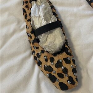 Leopard Leather with Silver Beads Ballerina Square Toed Flats
